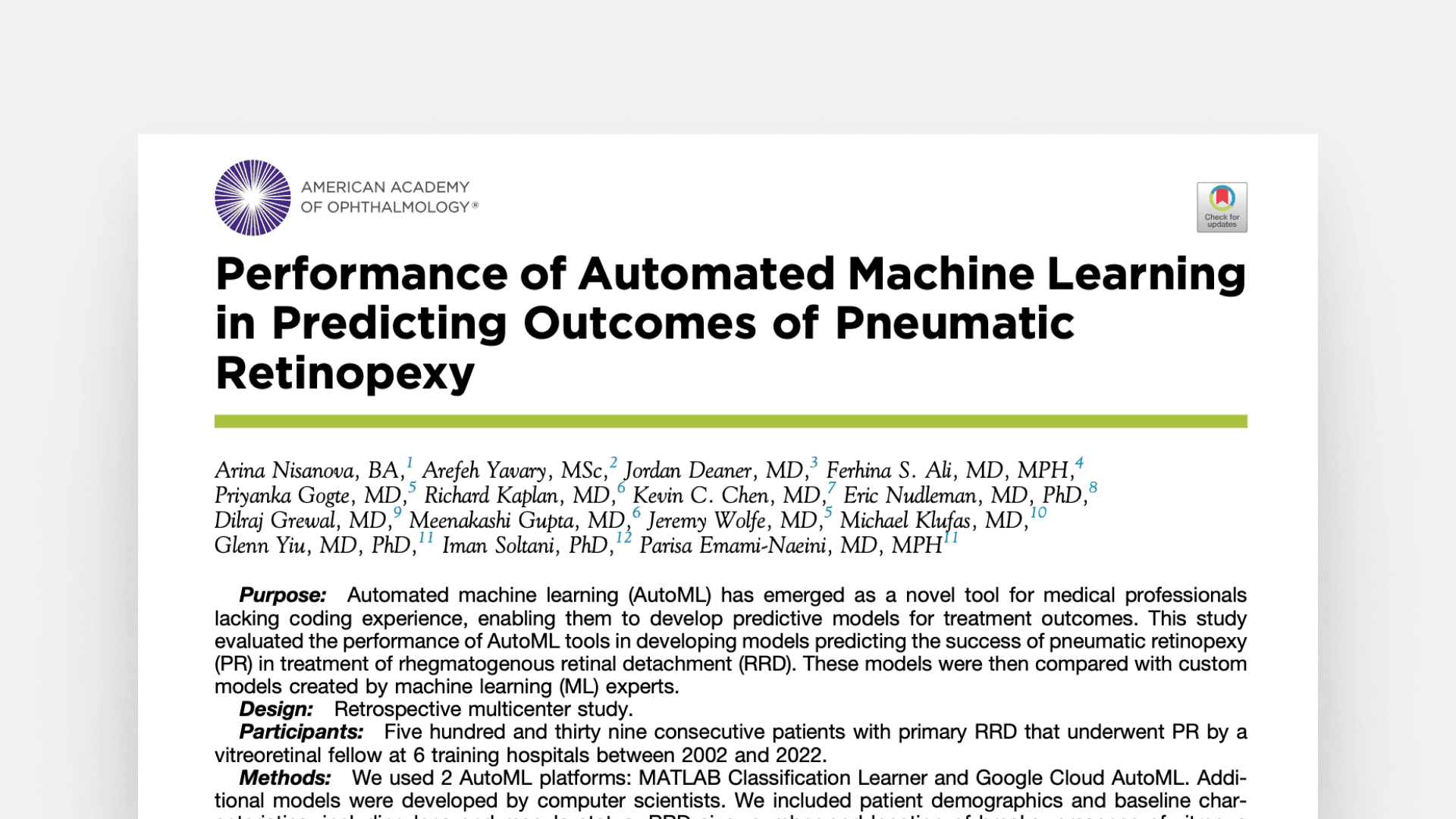 Performance of Automated Machine Learning in Predicting Outcomes of Pneumatic Retinopexy