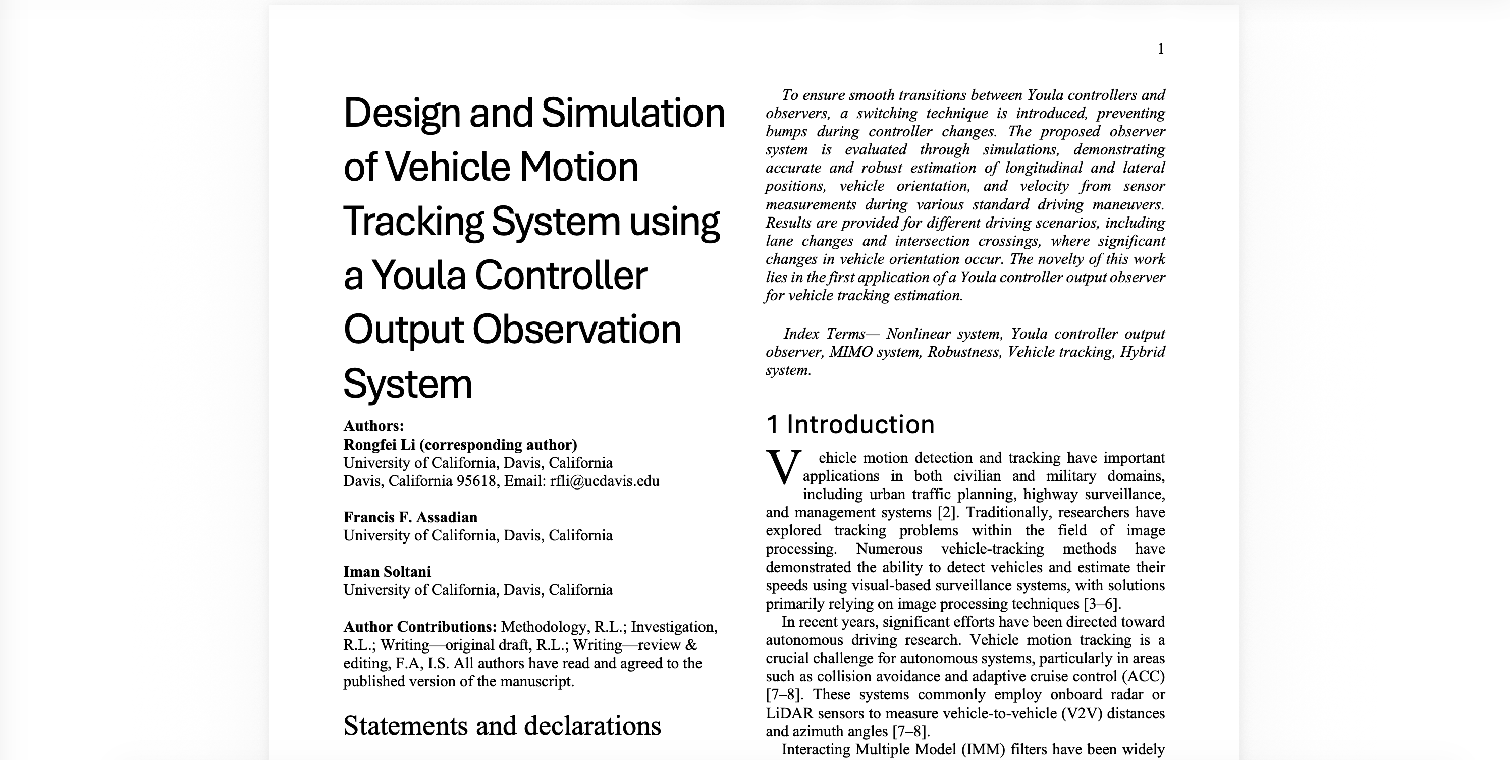 Design and simulation of vehicle motion tracking system using a Youla controller output observation system