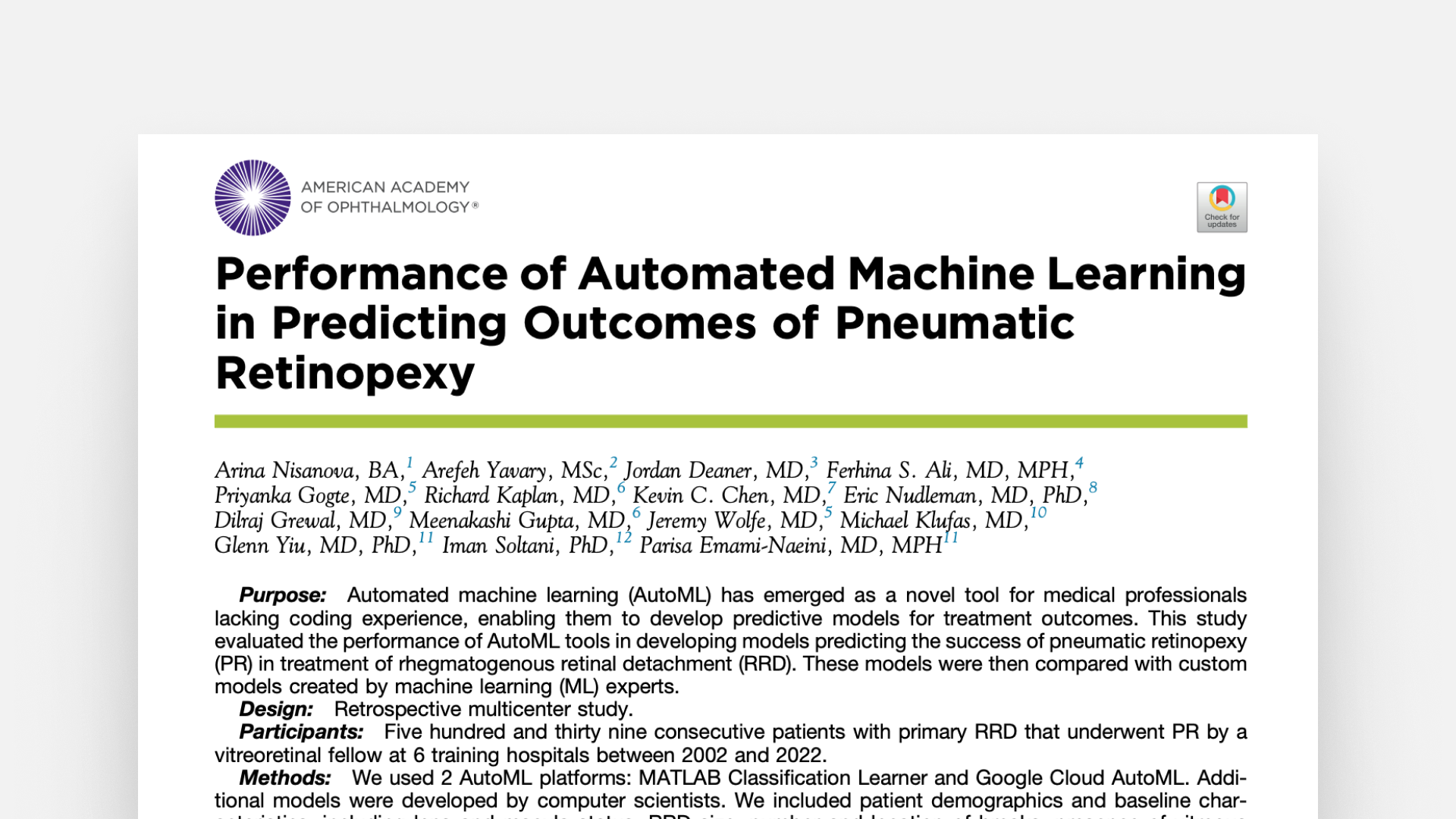Performance of Automated Machine Learning in Predicting Outcomes of Pneumatic Retinopexy